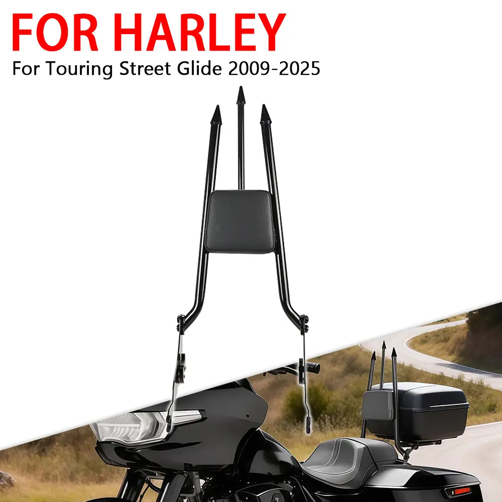 black metal rear luggage rack with a padded seat shown from the back side for harley touring street glide models 2009 to 2025 in a detachable passenger backrest design