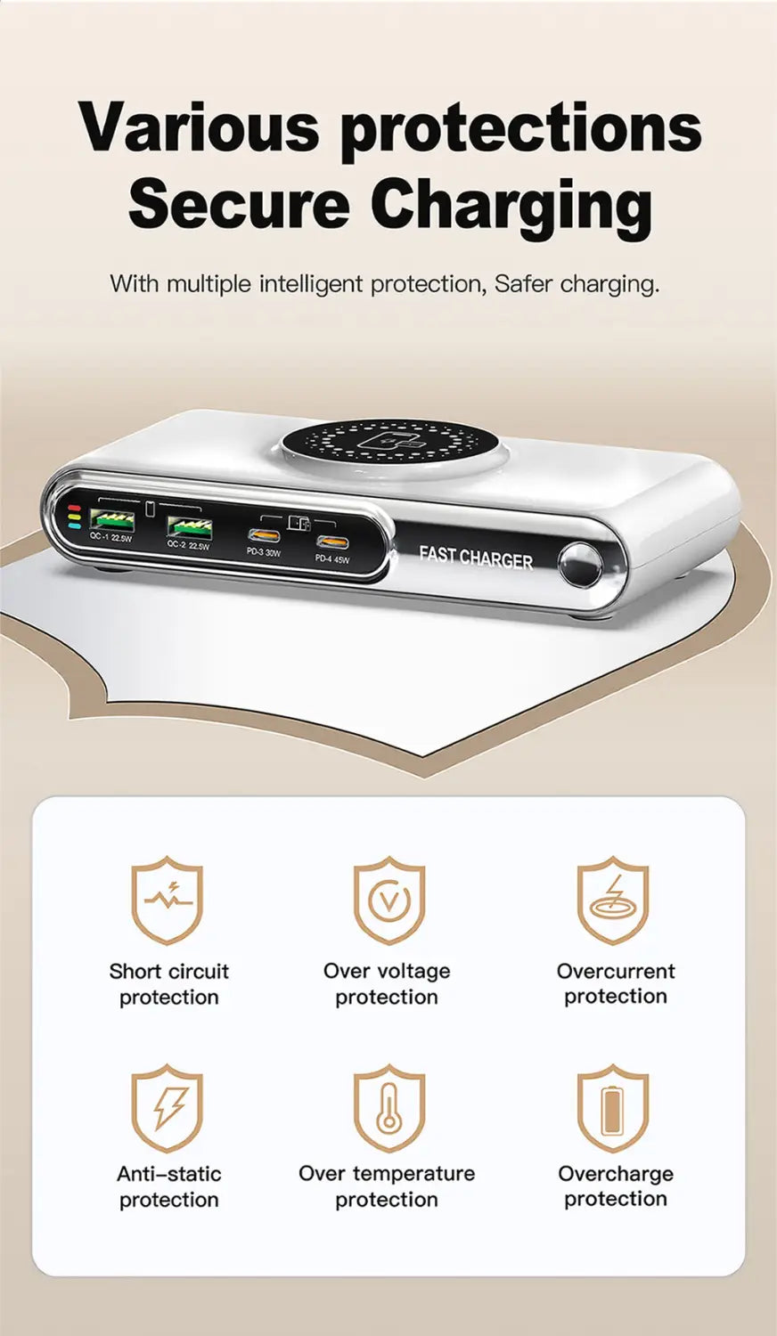 Silver metallic 72w 6-in-1 wireless charging station with multiple USB ports and a circular wireless charging pad on top.