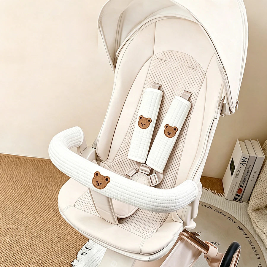 3-piece set of baby stroller accessories - soft stroller handle cover and seat shoulder strap cover, with three-dimensional embroidered patterns, non-slip shoulder pad suitable for baby strollers, making baby's outings more c