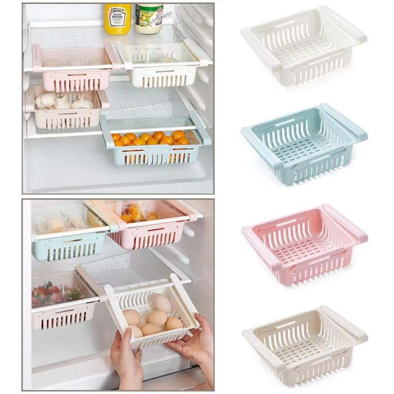 pastel-colored plastic refrigerator drawer organizers made of food-grade polypropylene featuring slotted sides and handles as part of an adjustable sink drain rack kitchen shelf.