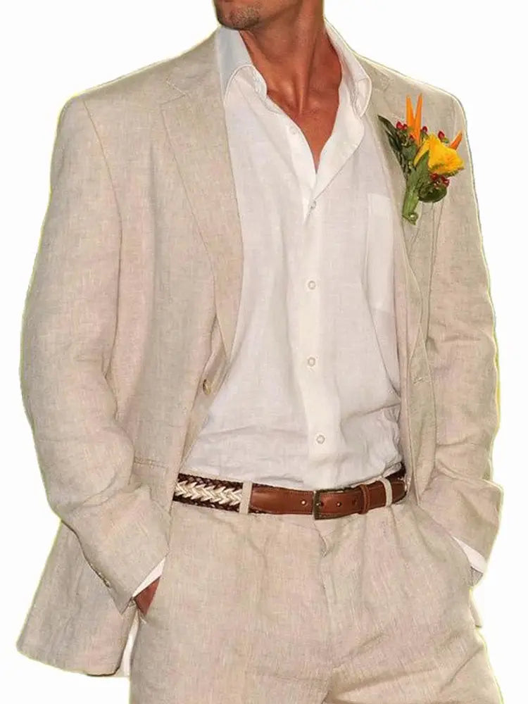 Beige linen men suit beach wedding tuxedo blazer and pants featuring a subtle texture, paired with a white button-down shirt.