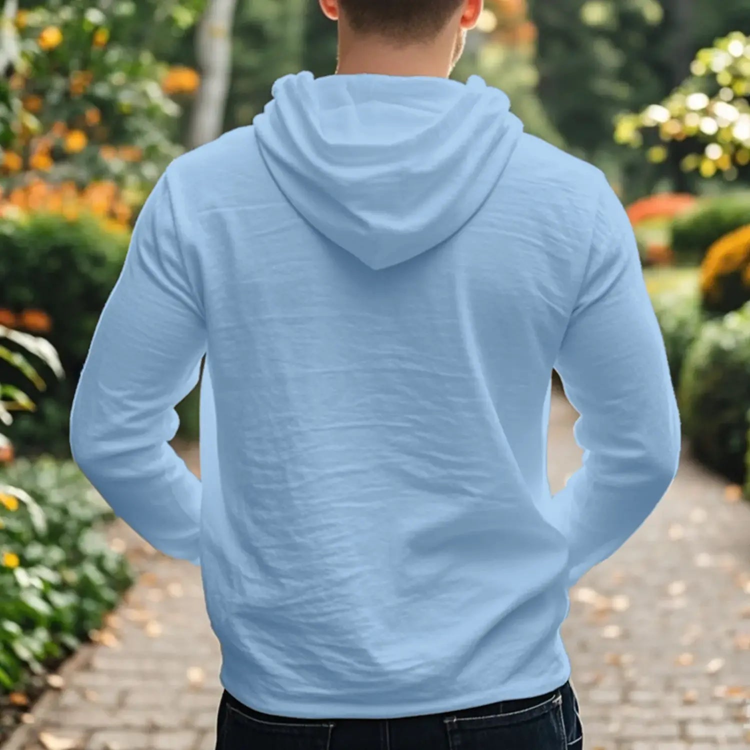 Light blue men cotton linen hooded henley shirt with long sleeves soft textured fabric and classic hood design.