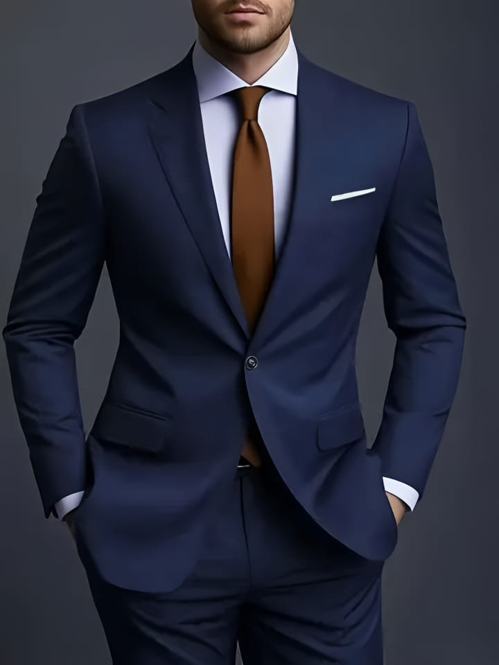Herren schwarzer Slim-Fit-Anzug einreihiger Smoking in navyblauem, maßgeschneidertem Stoff mit einer braunen Krawatte und einem weißen Hemd, ein Knopfverschlussart.