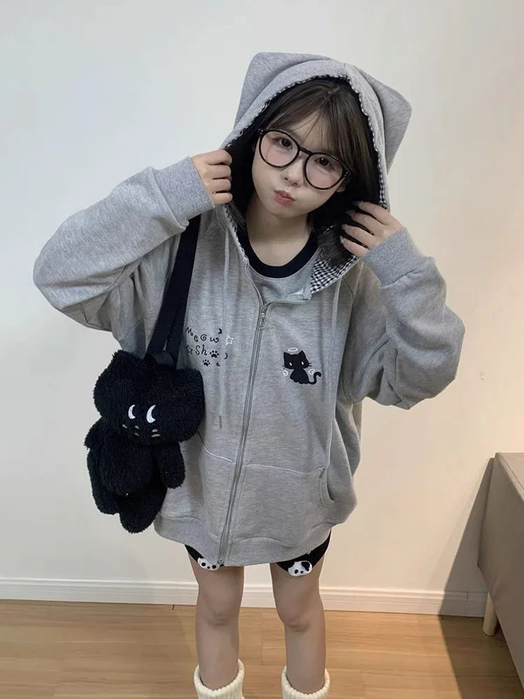 Mujer Japanese Cute Hoodies Coats Cute Cat Print Hooded Sweatshirts Y2K Tops Women Clothing Casual Zipper Loose Hoodie