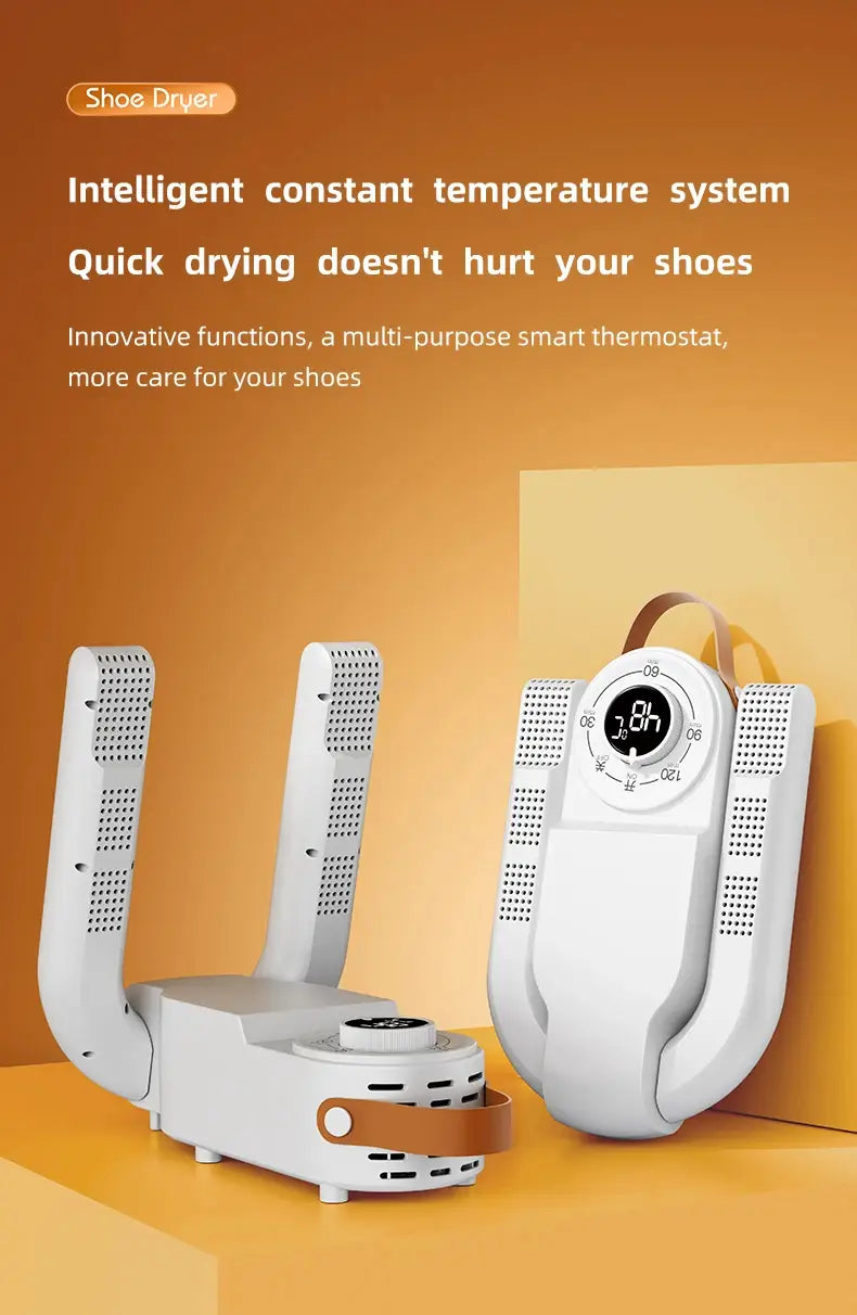 Sèche-chaussures électrique portable en plastique blanc, avec affichage numérique et sangle en cuir marron, pour un réchauffage et un séchage pratiques des chaussures.