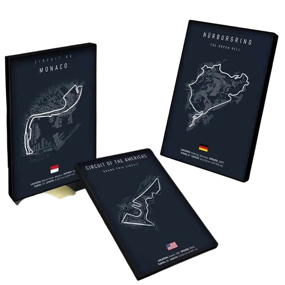 Three framed f1 racing circuit canvas paintings in white line on navy blue for home decor shipped within working days