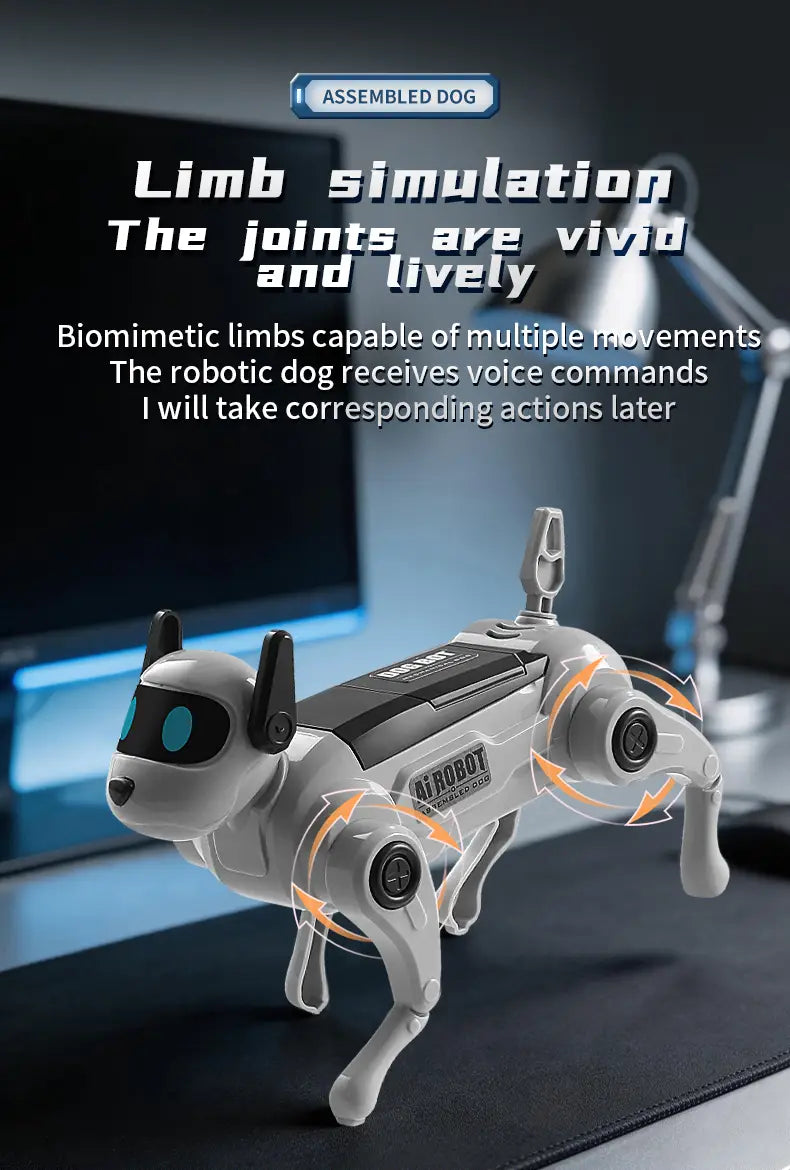 gray diy assembled dog robot toy with blue glowing eyes and articulated limbs made of abs plastic featuring a sleek metallic finish and visible joints for lifelike movement made in mainland china