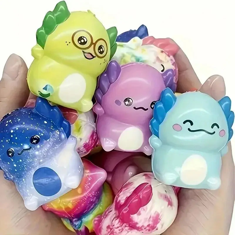 Ein Set farbenfroher Dinosaurier-förmiger Knet- und Stressbälle in Gelb, Lila, Blau und Pink aus der Axolotl-Knet- und Quetschspielzeug-Kollektion.