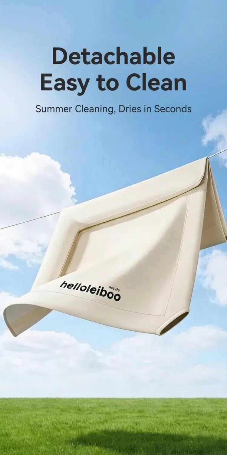 Beige fabric drying rack with minimalist design and helioleiboo brand name printed on it for elevated dog bed white mesh raised pet cot.