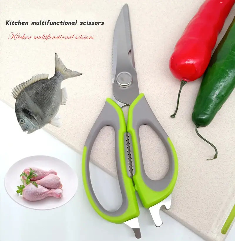 Heavy duty kitchen shears multifunctional scissors with green and gray handles and a stainless steel blade.