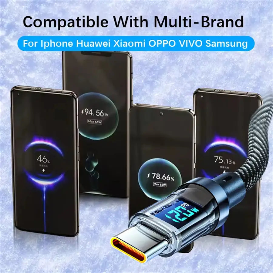 A sleek black and silver 120w fast charging usb a to type c cable with a digital display showing charging power.