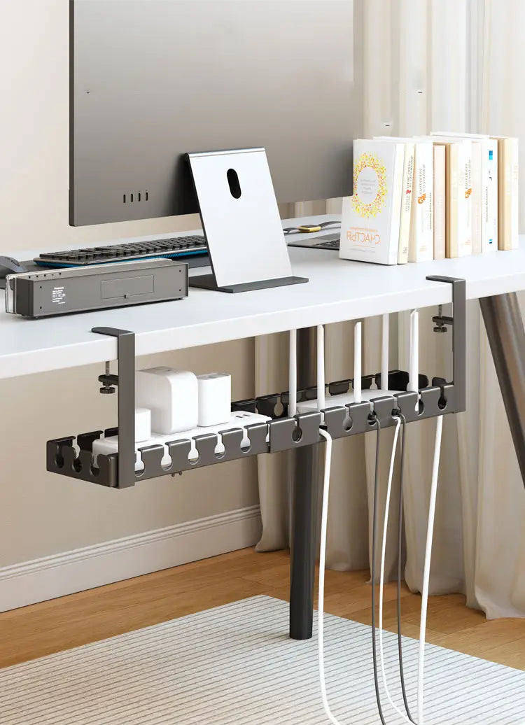 black metal desk cable organizer with multiple slots and clamp for secure attachment under table edge for efficient cable management tray wire organizer
