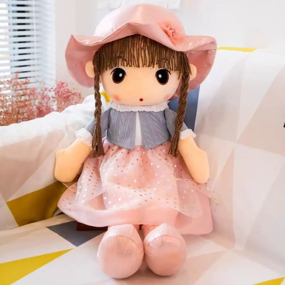 Plush doll 45cm cute stuffed animal toy with brown braided hair wearing a pink satin hat with a flower, a gray knit top with white lace trim, and a sheer pink polka dot skirt.