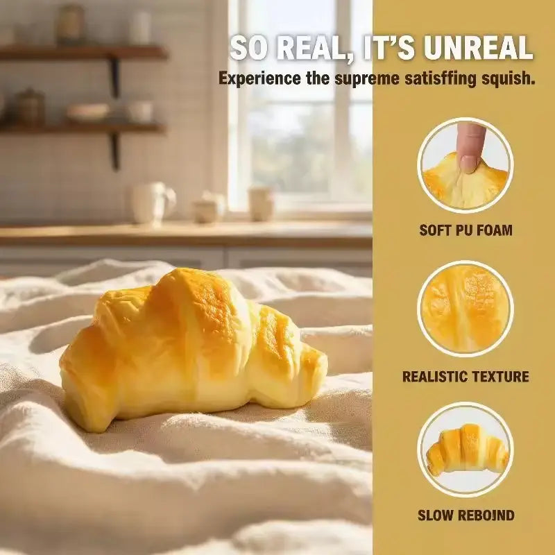 jouet anti-stress en forme de croissant en mousse PU souple brun doré, texture réaliste et rebond lent pour le soulagement du stress.
