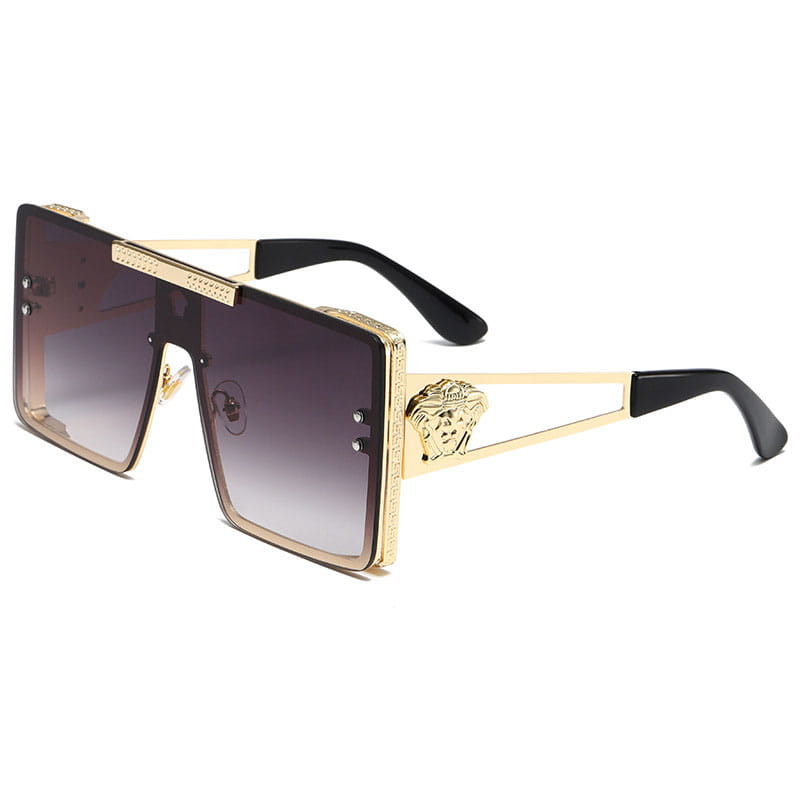 Polarized oversized metal sunglasses for adults featuring gold-framed square lenses with black temple tips and a Medusa head emblem on the side.