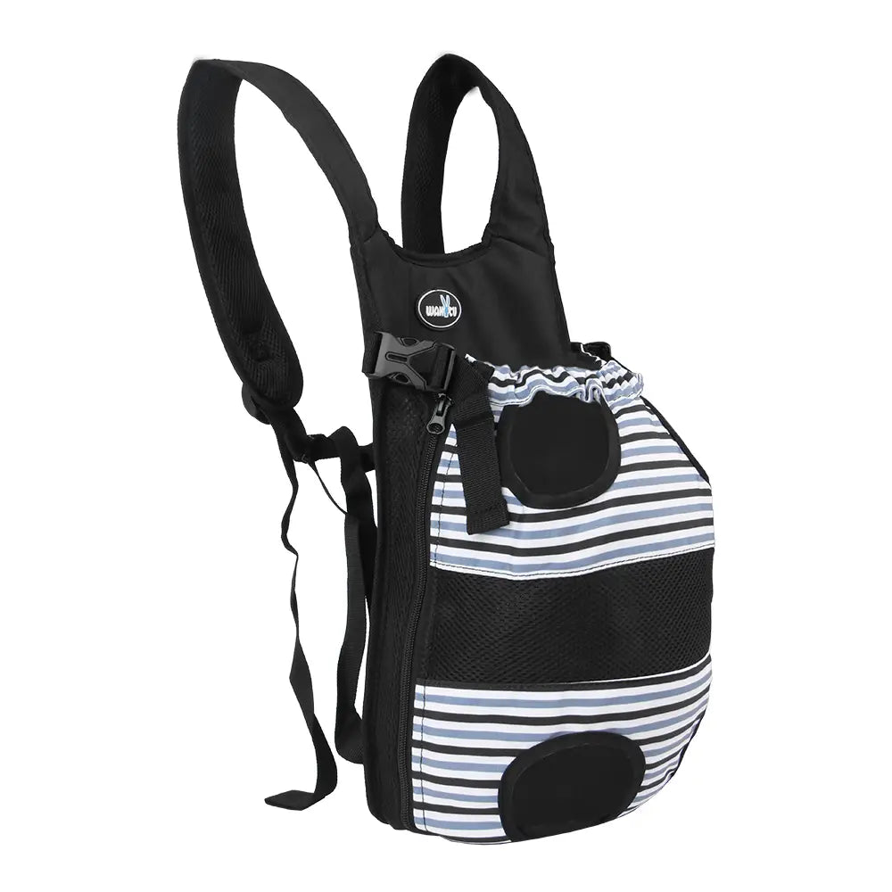 Mochila portamascotas para motocicleta con rayas blancas y negras, con paneles de malla y correas ajustables, diseñada para Suzuki V-Strom y compatible con los modelos Ducati Scrambler y Ducati Multistrada.