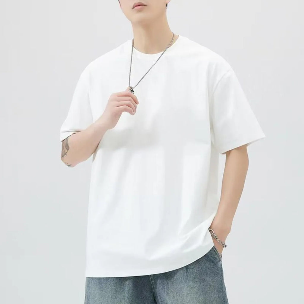 Men T Shirt New Summer Tops Solid Color Commute Classics Blank Tshirts Foundation  Round Collar Short-Sleeve  White Top Tees
