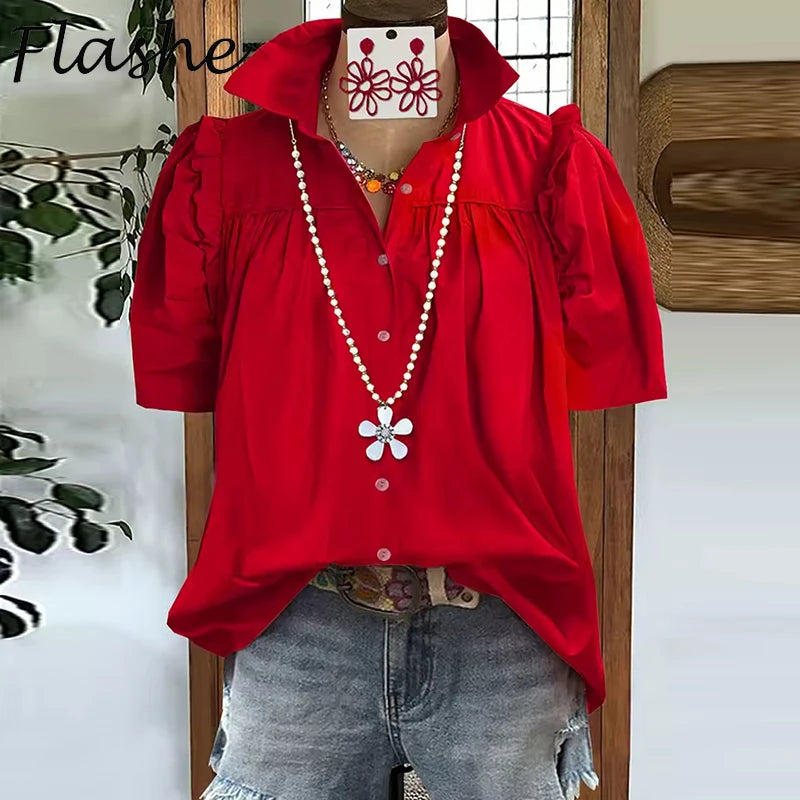 Elegant Women Blouses 2025 Summer Solid Short Sleeve Red Shirt Black Button Shirt Women Office Tops 2025