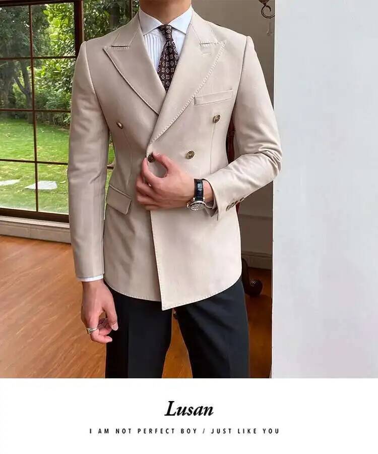 Beige double breasted slim fit men blazer jacket with notched lapels and gold toned buttons.