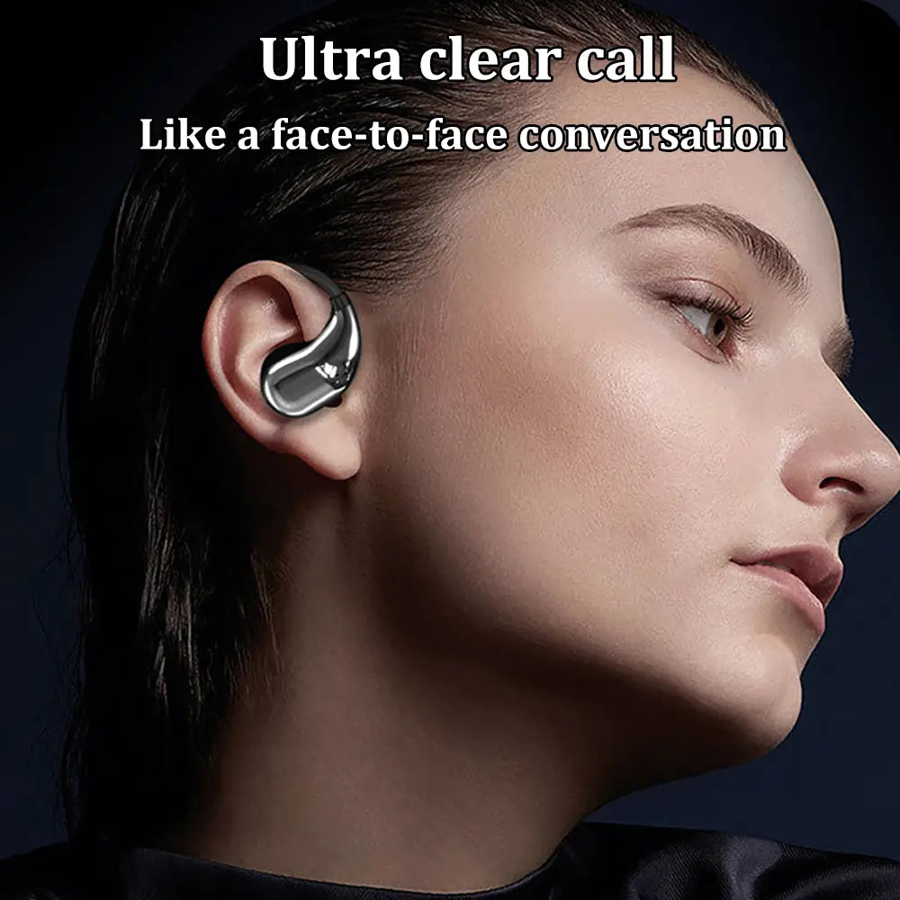 Silver Bluetooth ear hook headphones wireless sports earbuds with sleek ergonomic in-ear design for ultra-clear calls