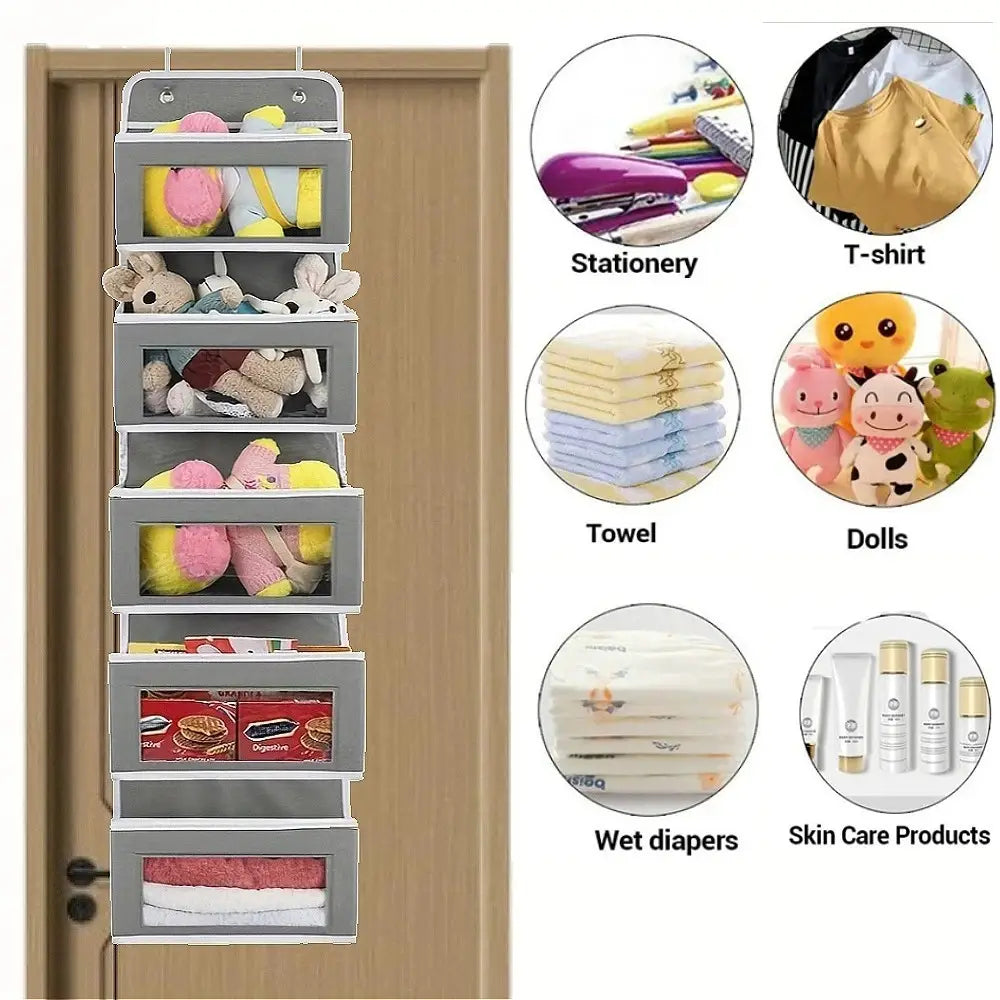 Gray fabric over door hanging storage organizer with six clear-fronted compartments for convenient storage.
