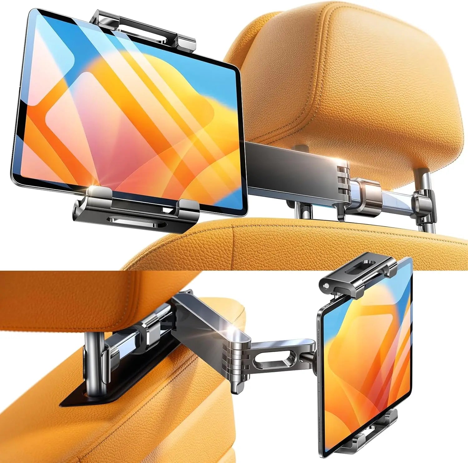 Soporte para tableta en el reposacabezas del automóvil de metal plateado ajustable, con un diseño articulado elegante para el montaje seguro del dispositivo para dispositivos de 4.7 a 12.9 pulgadas