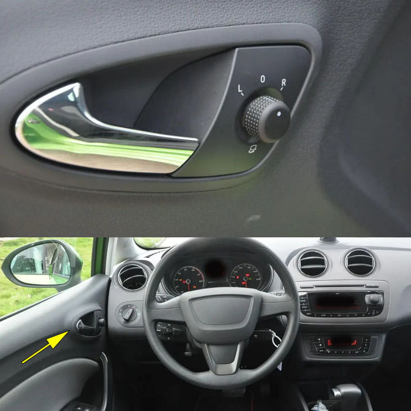 Chrome finished front inner door handle set with integrated window control dial on gray seat Ibiza car interior 2009 to 2012 model
