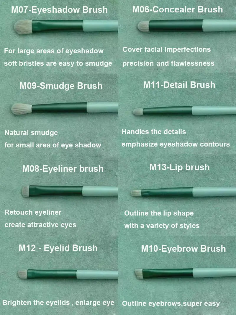 Set of ten makeup brushes with green and light teal handles featuring distinct brush head shapes for precise eye shadow and cosmetic brush applications.
