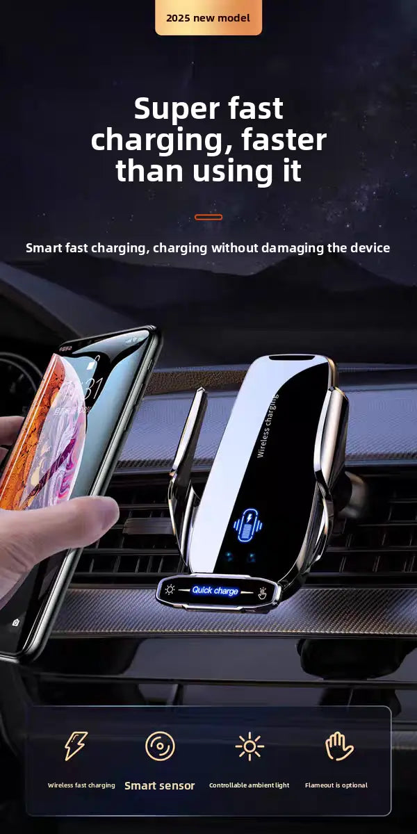 Black and silver wireless phone charger with sleek modern design for fast charging mounted in car auto clamping wireless car charger phone mount.