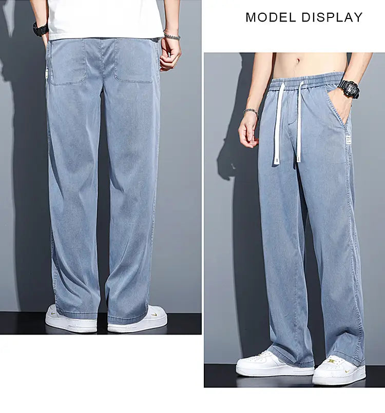 Light blue lyocell men’s casual loose straight jogger pants with drawstring waist and side pockets.