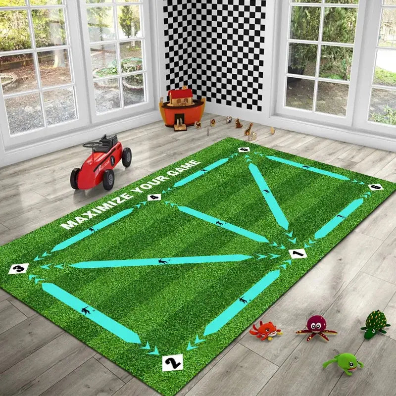 soccer training mat non slip dribble practice equipment featuring a green grassy surface with teal racing lane markings and numbered checkpoints for skill development.