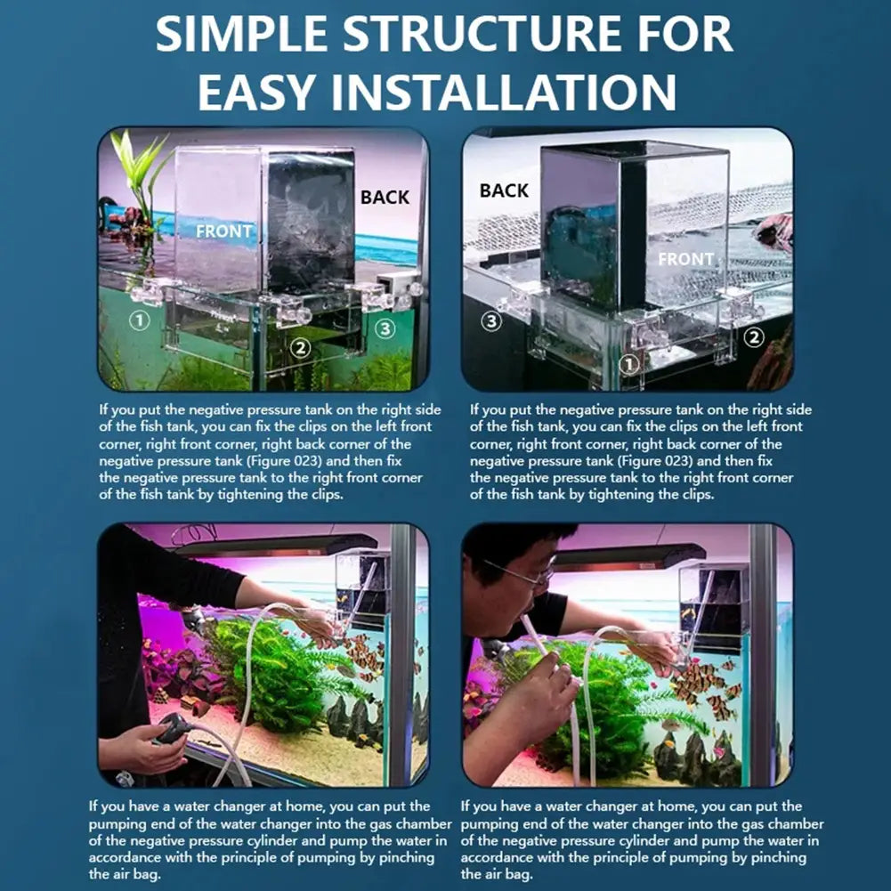 Clear acrylic negative pressure fish tank with transparent clips and tubing for aerial aquarium extender installation.