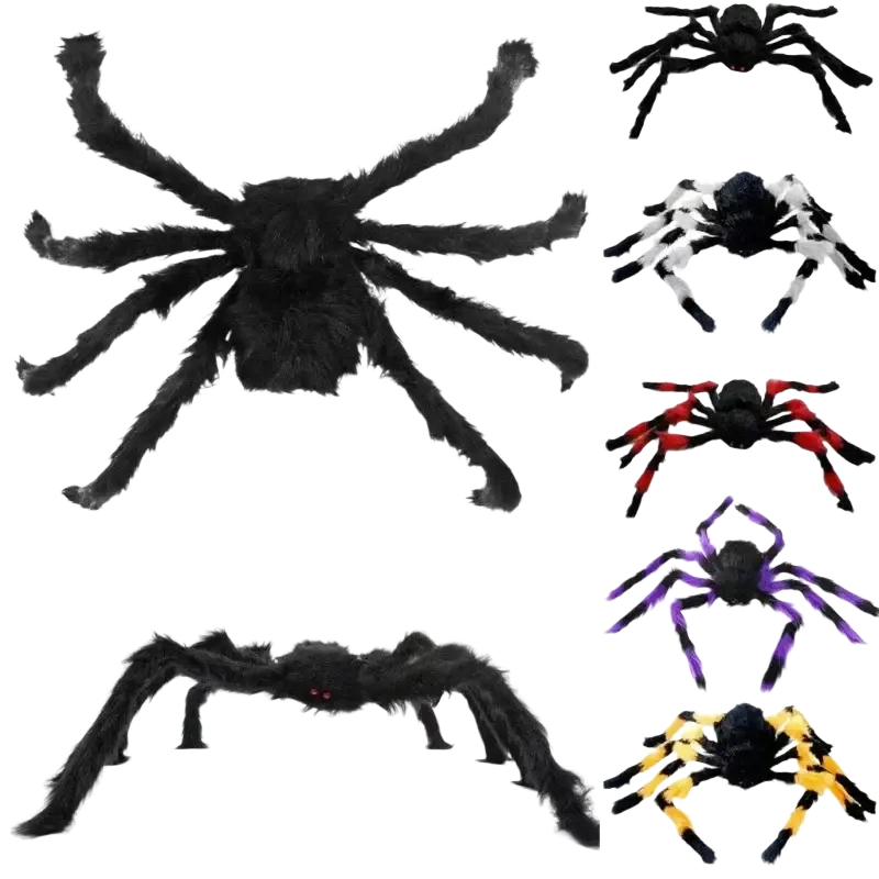 Black fuzzy fake spider decorations with red glowing eyes and multicolor options on a spider web for halloween decorations