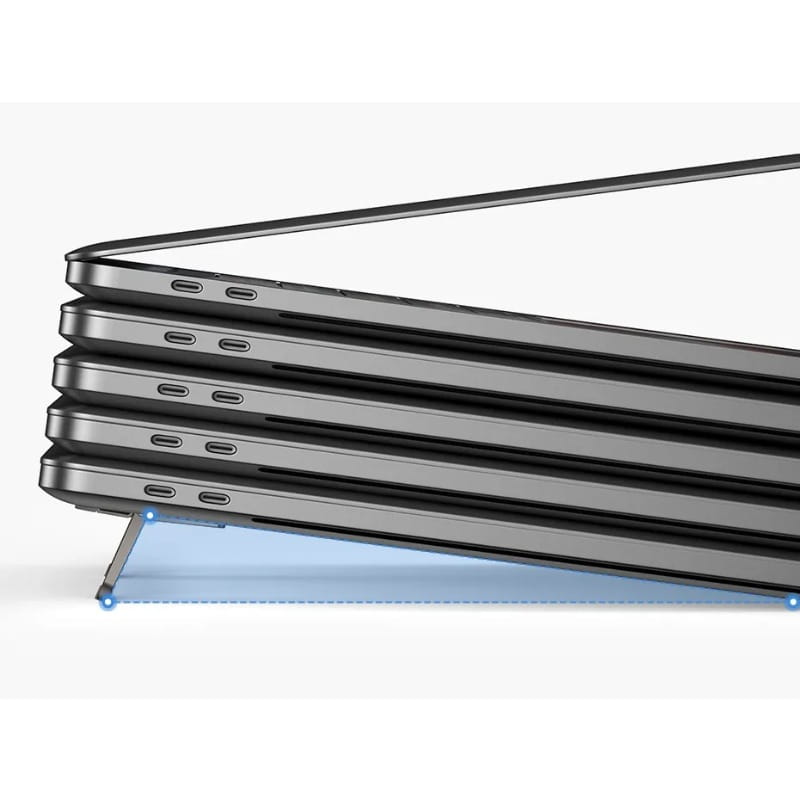 stapel aus fünf schlanken silbernen Aluminium-Laptops mit flachem Profil und sichtbaren USB-C-Anschlüssen, dargestellt auf einem tragbaren Mini-Aluminium-Laptopständer zur Notebook-Unterstützung