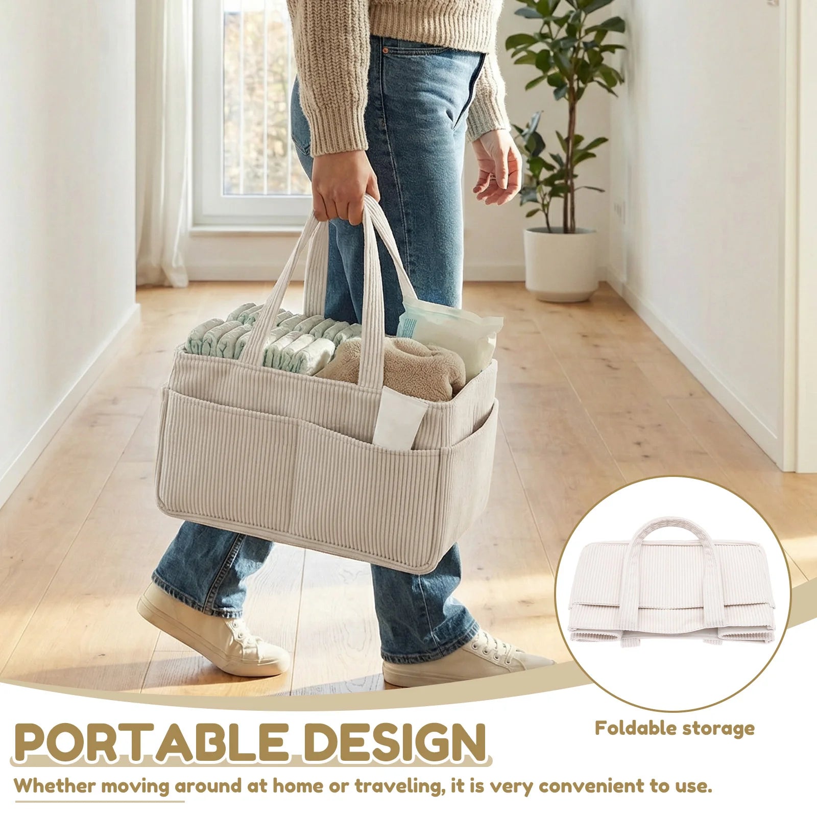 Baby Diaper Caddy Organizer Corduroy Diaper Storage Basket with Handle Foldable Multi-pocket Newborn Nappy Storage Organizer