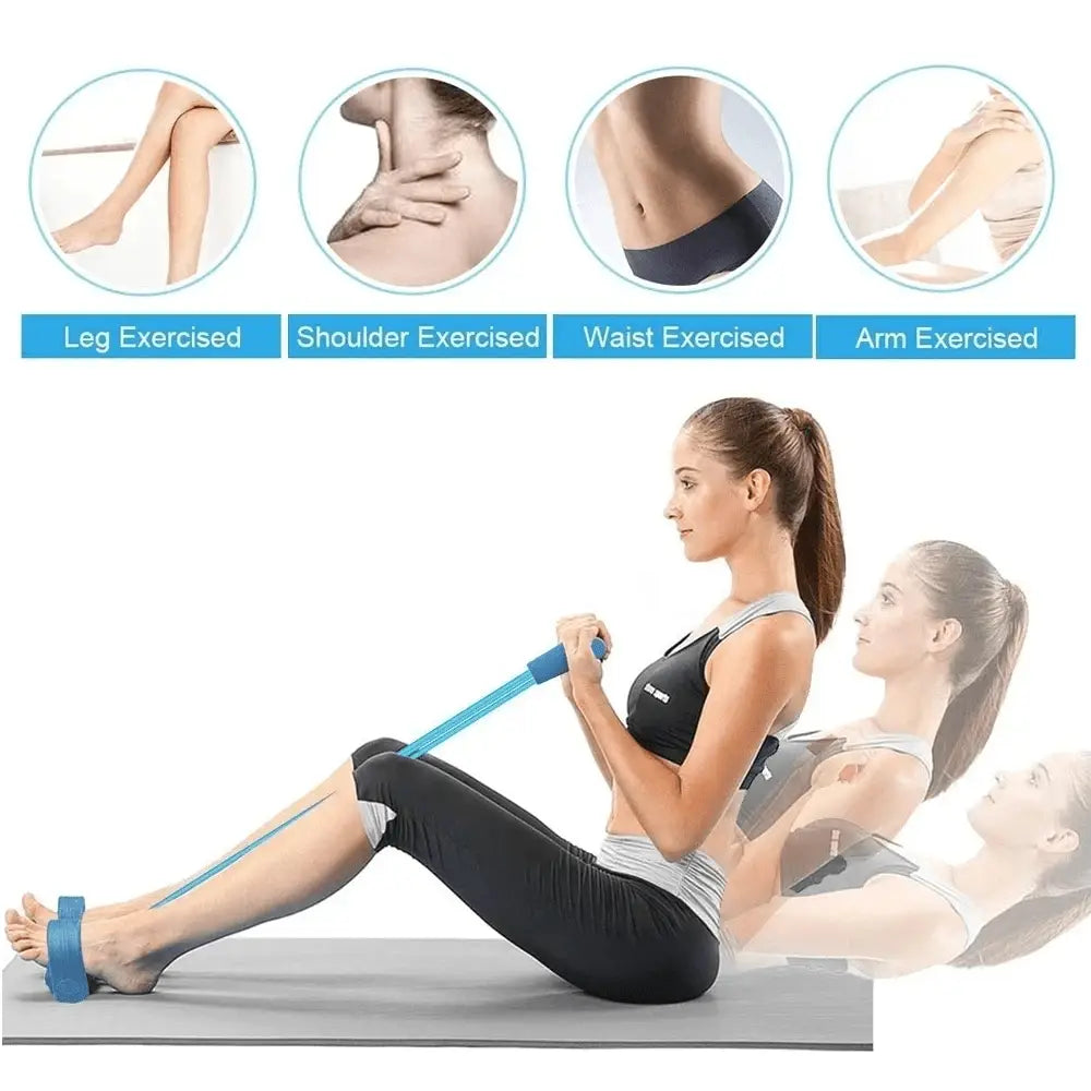 Blue resistance band set for strength training featuring durable handles and a foot strap for full-body workouts.