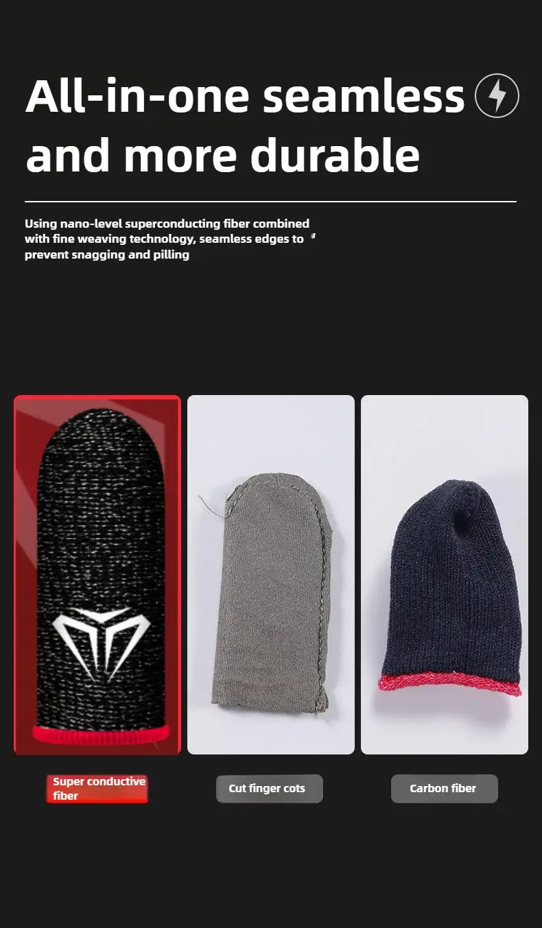 Black superconductive fiber gaming finger sleeve with a white logo designed to be breathable and sweatproof.