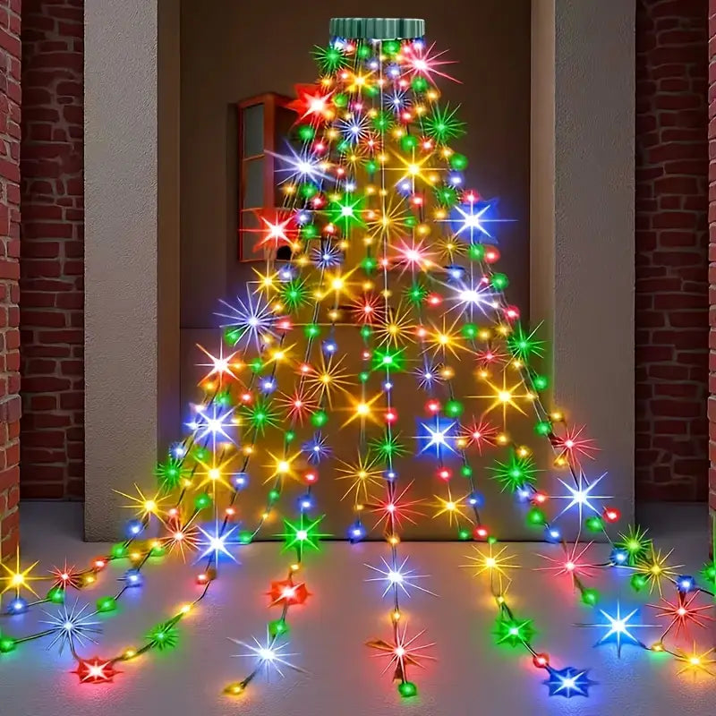 A vibrant multi-colored USB Christmas tree decoration light with starburst-shaped red green blue and yellow LED bulbs suitable for indoor and outdoor mood lighting.