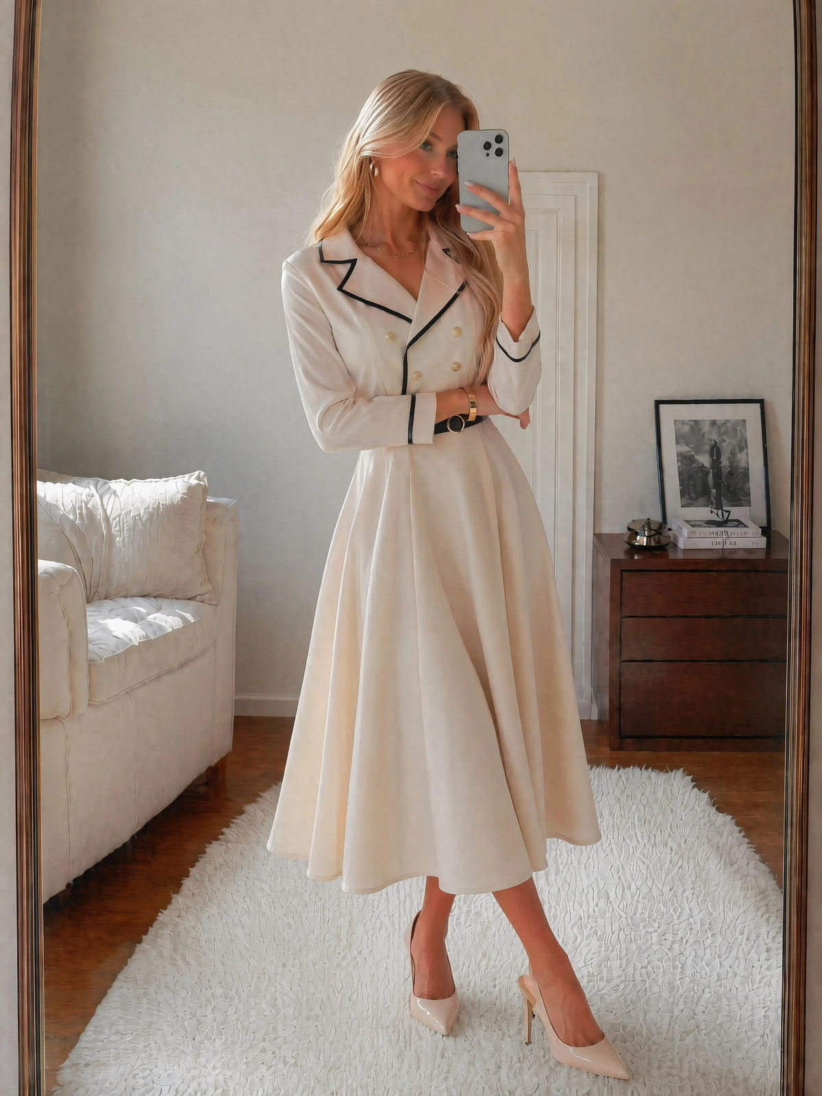 Women Blazer Dress Lapel Collar Long Sleeve Double Breasted Belted A-Line Midi Dress Office Wear