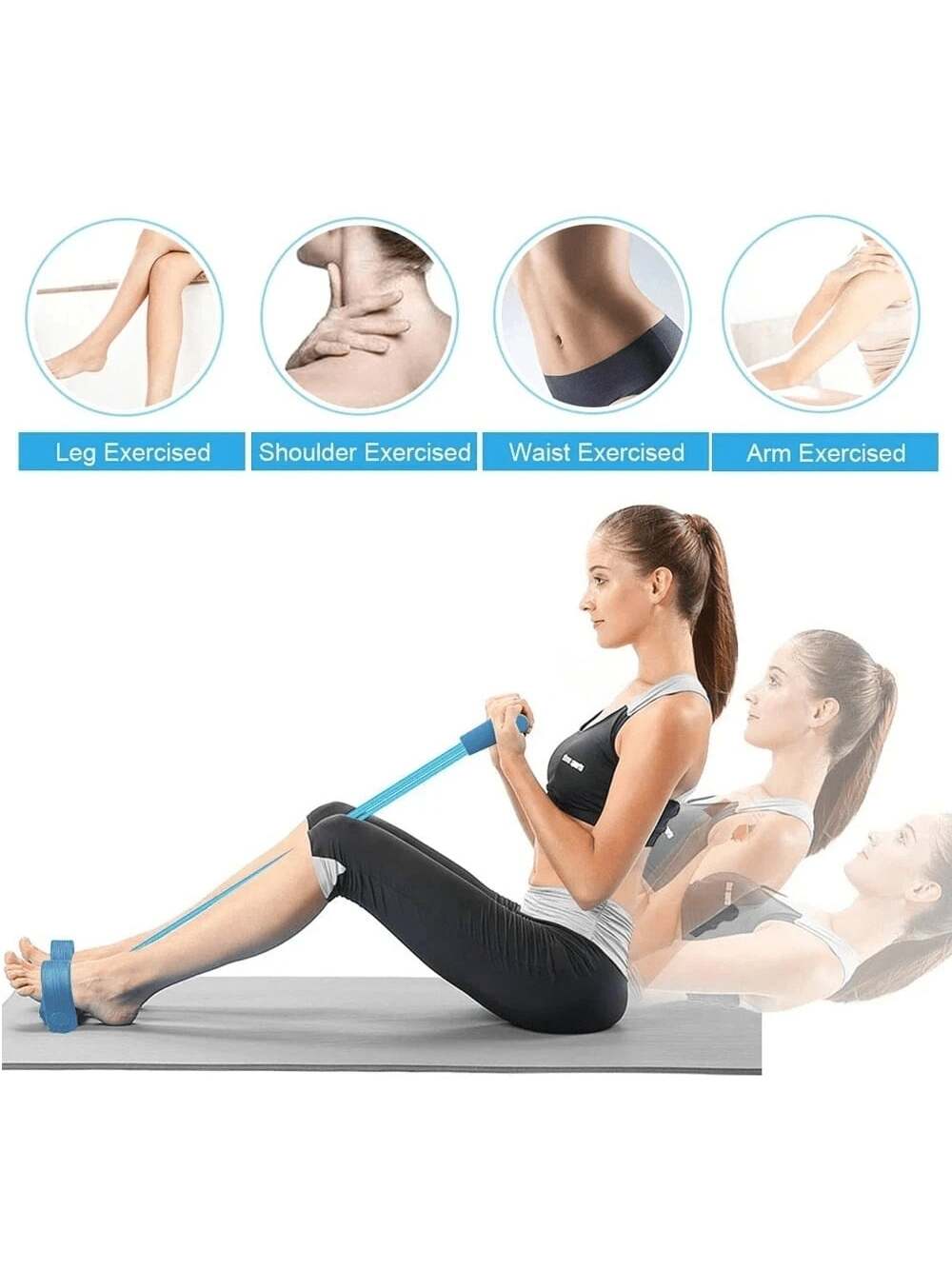 Blue resistance band set for strength training featuring handles and a foot strap for versatile workout options.