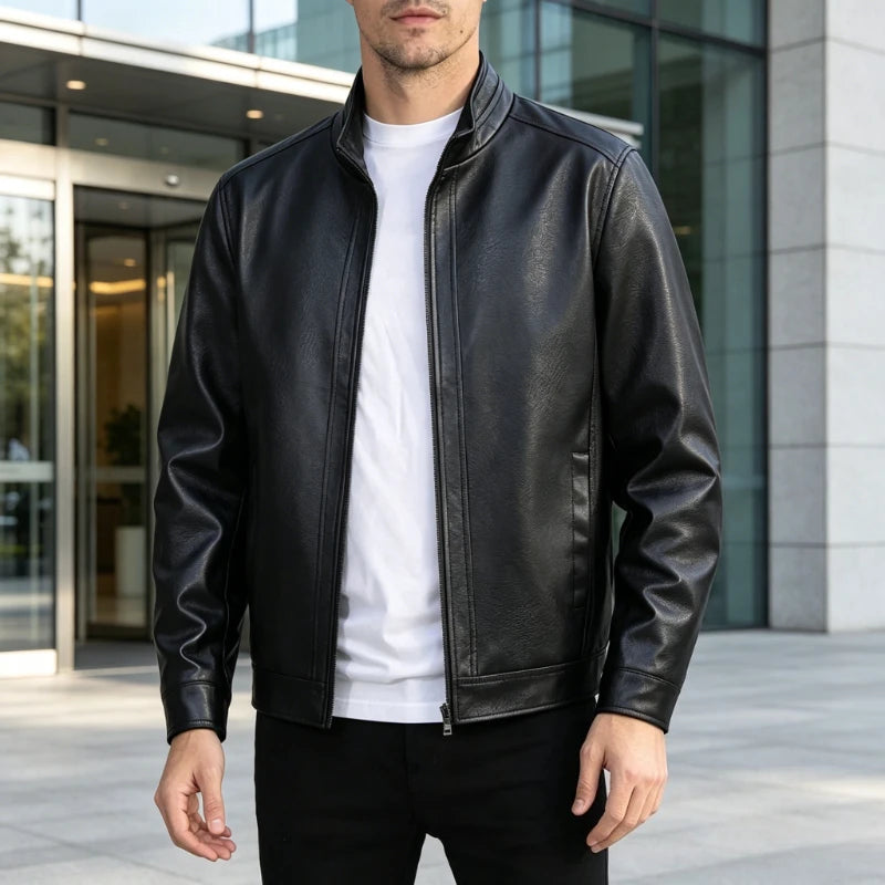 Business Leather Jacket Men Stand Collar Slim Pu Leather Workwear Jackets Fashion Motorcycle Coat Men's Moto Biker Leather Coats