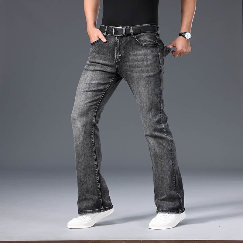 Dark gray denim mens micro flared jeans with classic stitching details for casual wear.