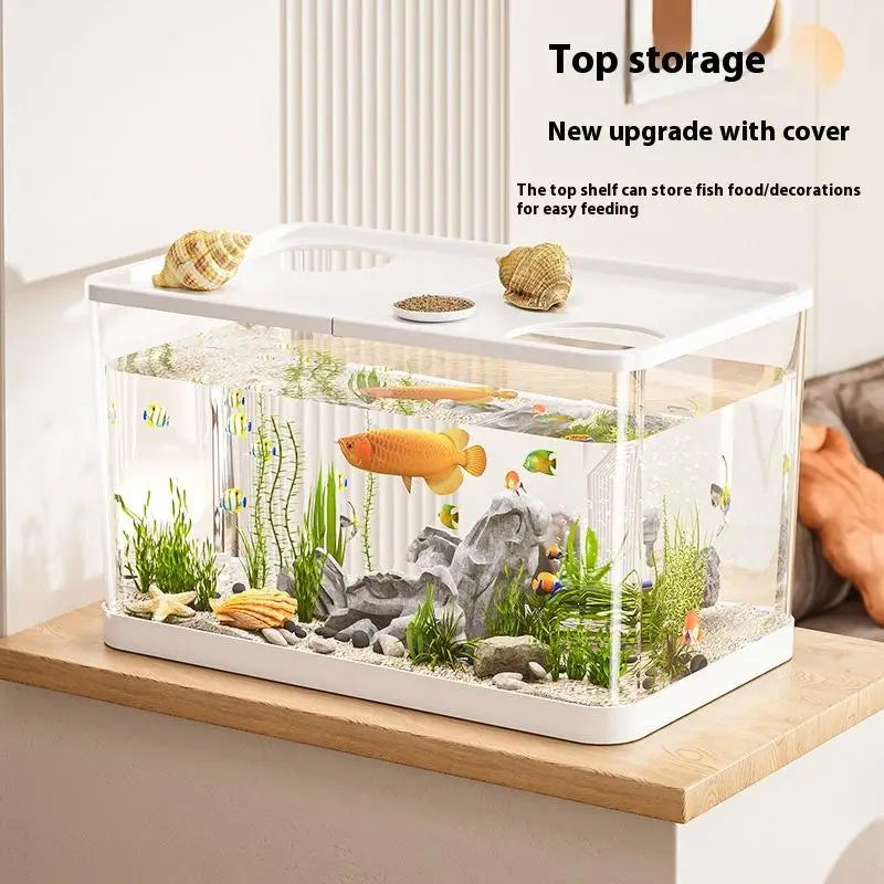 Clear rectangular ecological desktop fish tank with transparent acrylic body, white plastic top shelf and base, filled with water, aquatic plants, rocks, sand substrate, and colorful tropical fish inside.