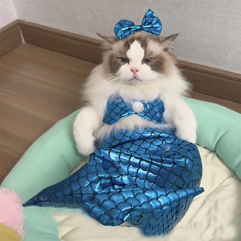 Eine flauschige Katze, die ein glänzendes blaues Dacron-Meerjungfrauenkostüm trägt, mit einer passenden Schleife auf dem Kopf zur Verwendung als Haustierbekleidung