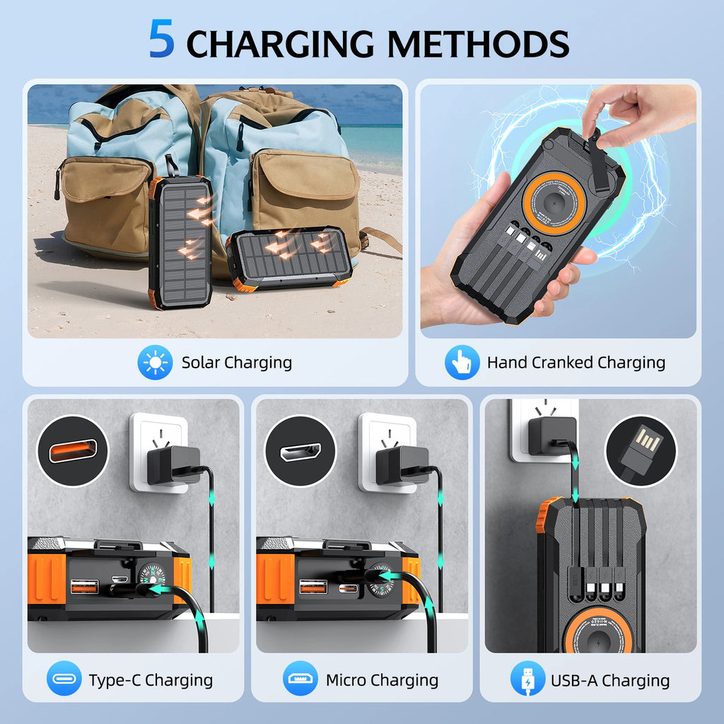 Hand Crank Solar Power Bank 50000mAh, Emergency Portable External Battery, 4 Cables, Compass & SOS Radio Light, Best for Campion