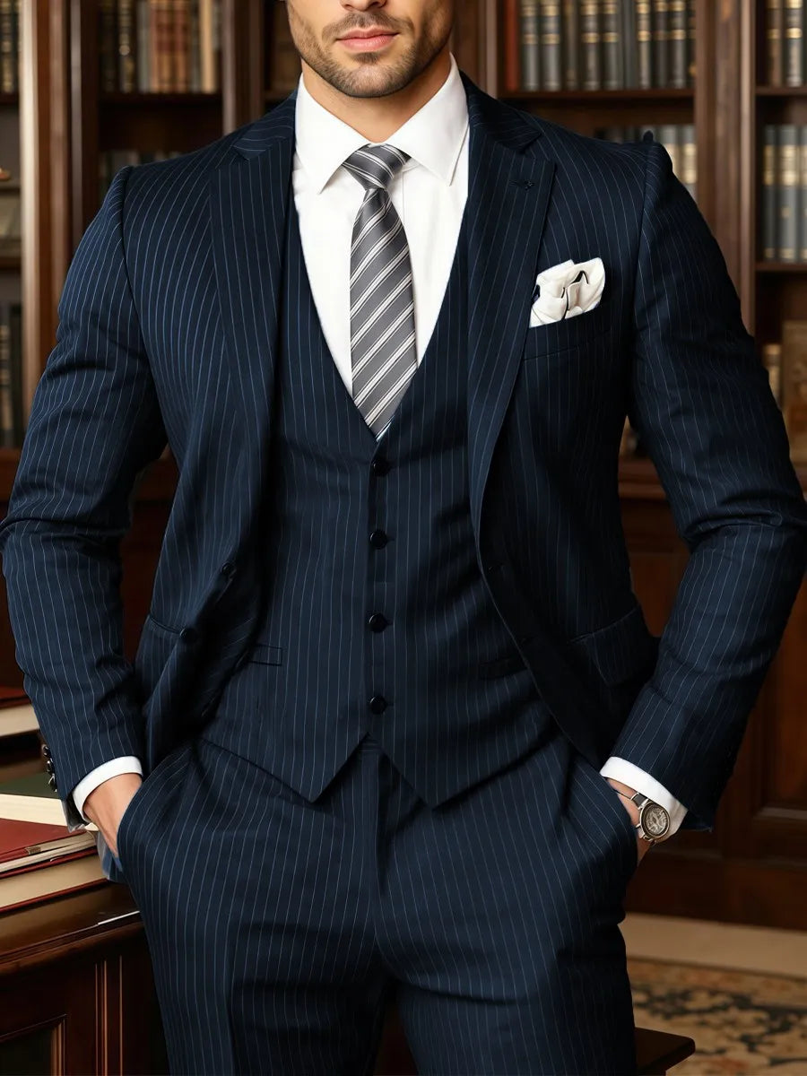 Elegant Men's Suits Luxury Stylish Black Pinstriped 3 Piece Suit for Men Wedding Business Event (Jacket+Vest+Pants)
