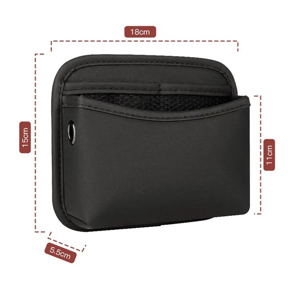 Pochette de rangement pour voiture élégante rectangulaire en similicuir noir, adhésif, organisateur avec intérieur en maille et bords cousus pour une utilisation dans le véhicule
