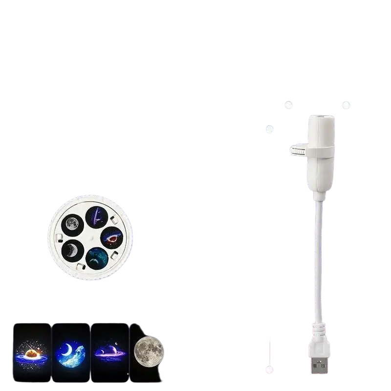 White usb powered spotlight with adjustable angle projecting five celestial galaxy patterns for bedroom use