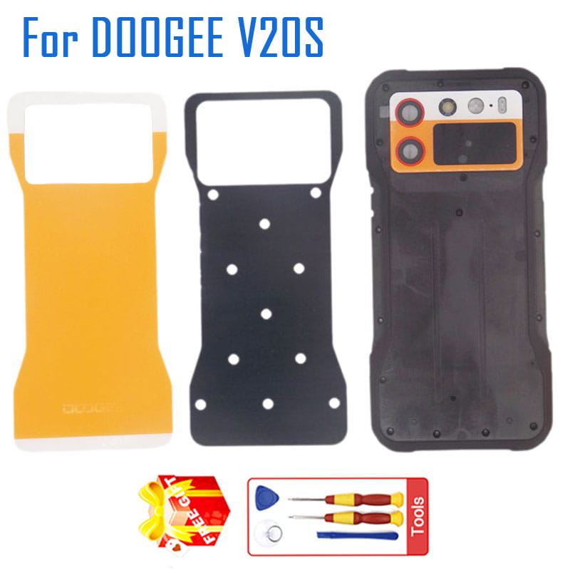元のDoogee V20sのバッテリーカバー。黒色のガラス板で、背面側が見え、オレンジ色のカメラモジュールのフレームとネジ穴が確認できます。