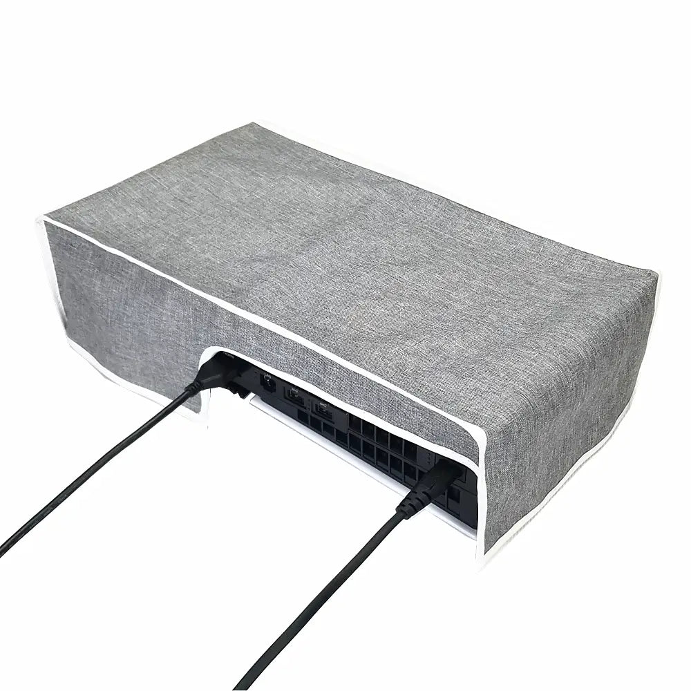 Gray textured oxford cloth ps5 pro console horizontal dust cover with white trim designed to protect the ps5 pro console